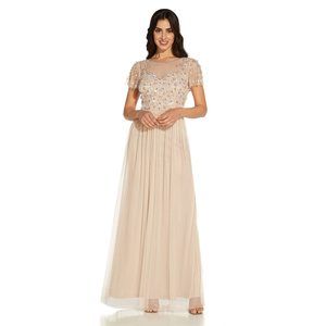 Adrianna Papell Boat Neck Short Sleeve Illusion Embellished Bodice Zipper Back M